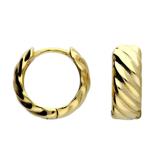 Yellow gold plated wide ribbed huggie hoop