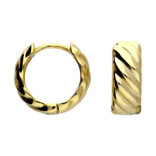 Yellow gold plated wide ribbed huggie hoop
