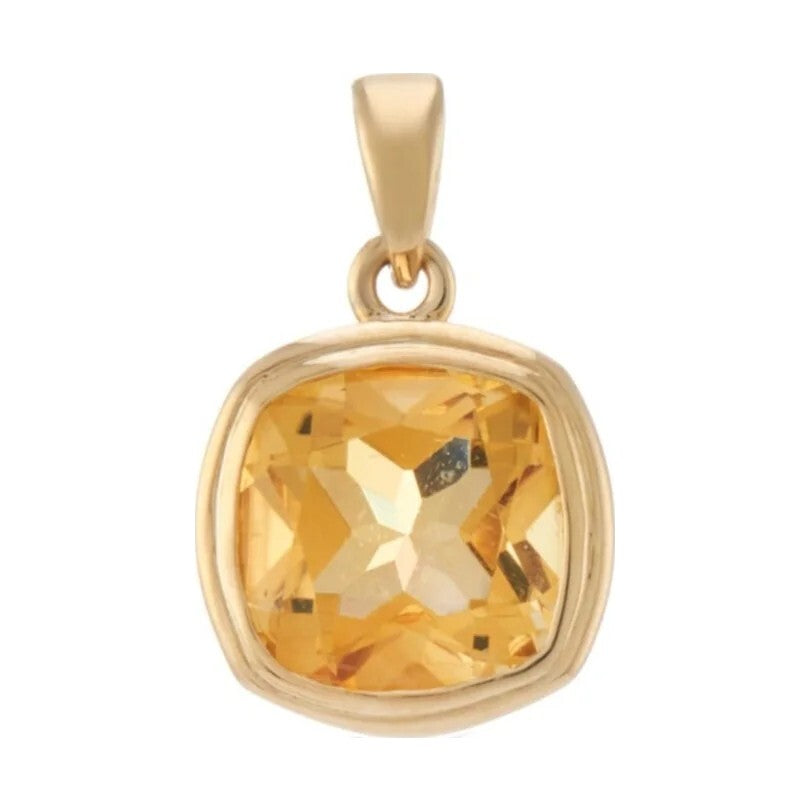 9ct gold 7mm cushion shape rub over set citrine pendant