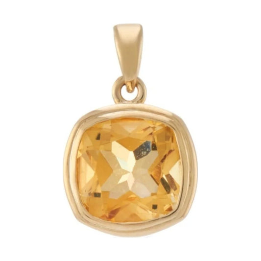9ct gold 7mm cushion shape rub over set citrine pendant