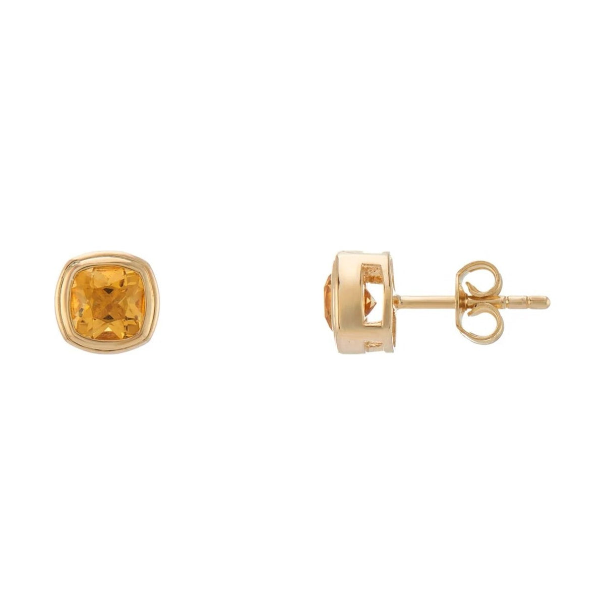 9ct gold 5mm cushion shape rub over set citrine stud earrings