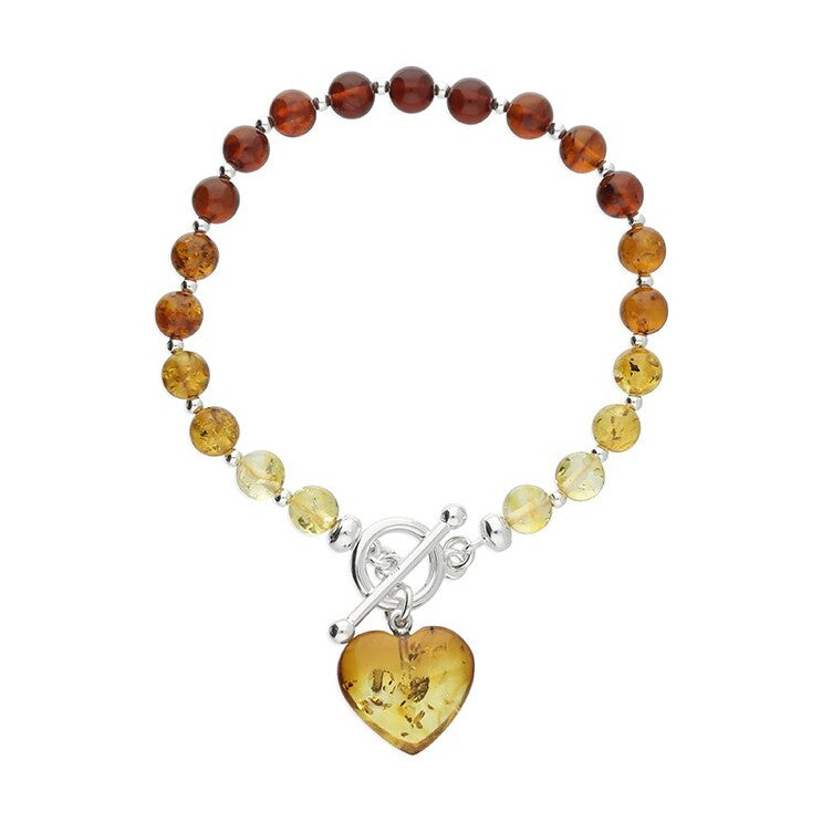 Sterling Silver Baltic Amber Bead And Heart Bracelet