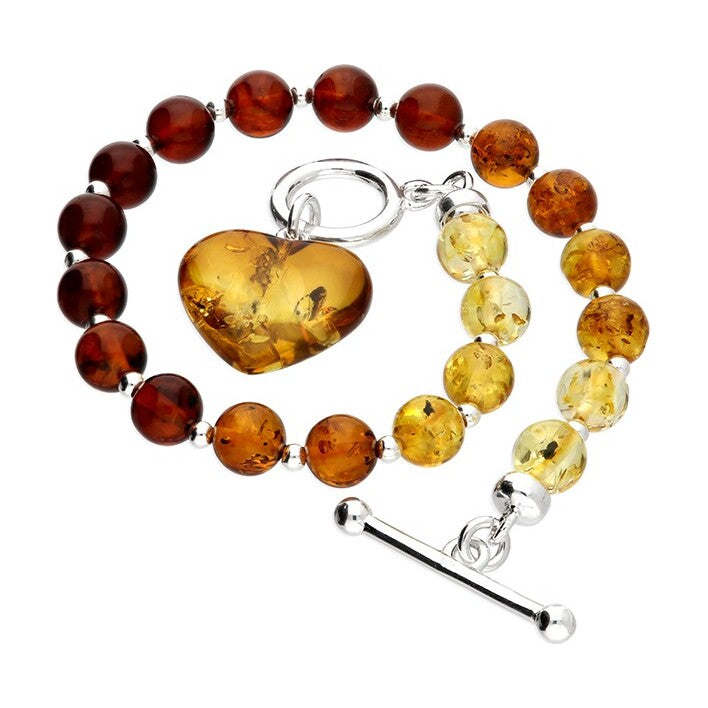Sterling Silver Baltic Amber Bead And Heart Bracelet