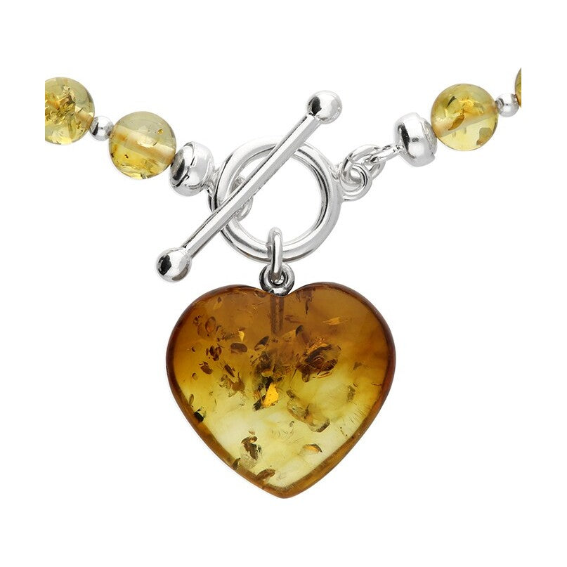 Sterling Silver Baltic Amber Bead And Heart Bracelet