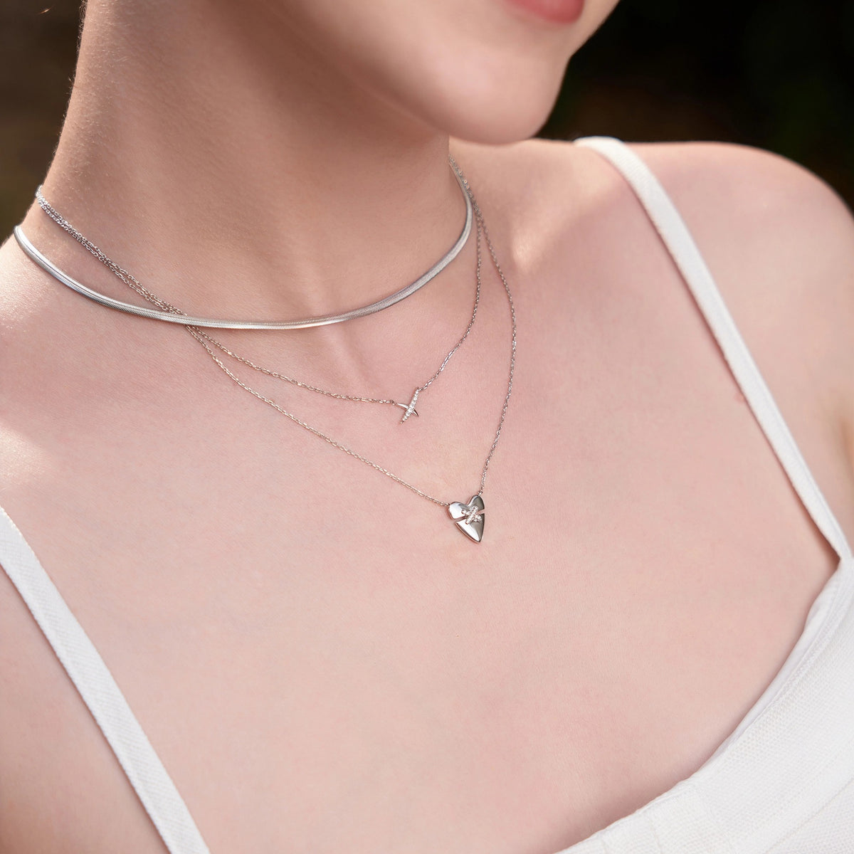 Heart Kiss Pave Silver Necklace