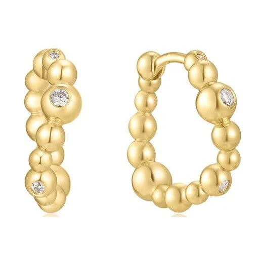 Gold Bezel Beaded Curved Huggie Hoop Earrings