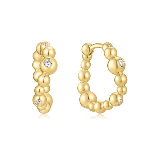 Gold Bezel Beaded Curved Huggie Hoop Earrings
