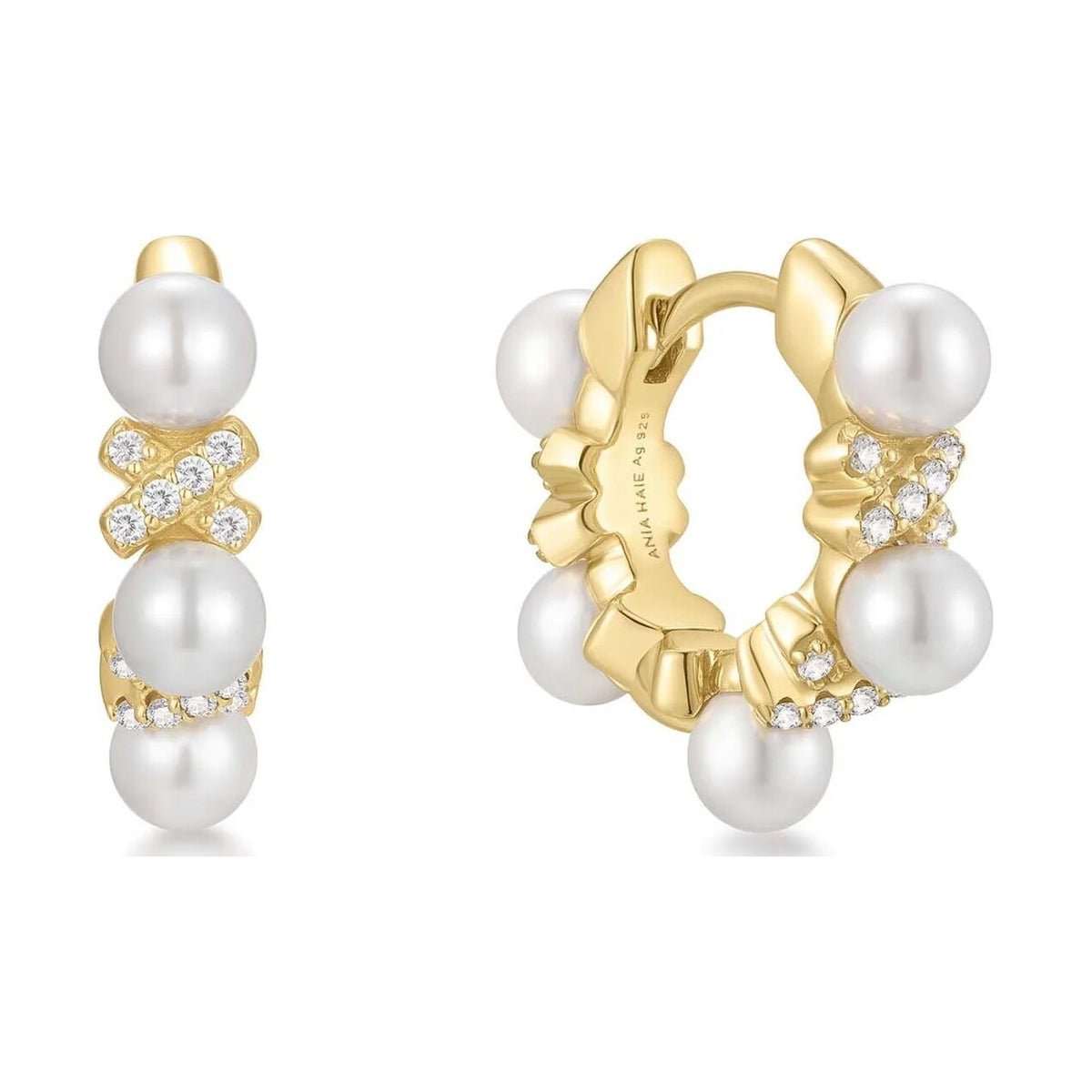 Gold Sparkling Braided Shell Pearl Huggie Hoop Earrings