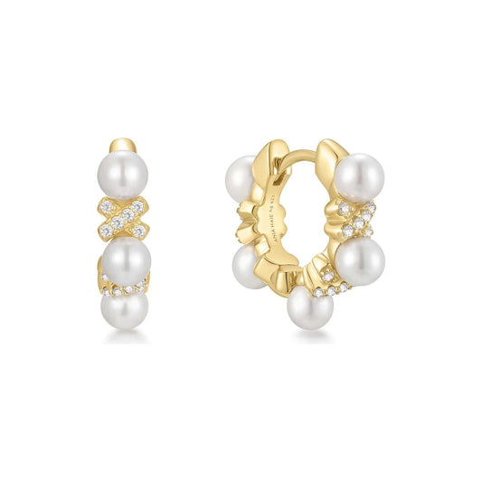 Gold Sparkling Braided Shell Pearl Huggie Hoop Earrings