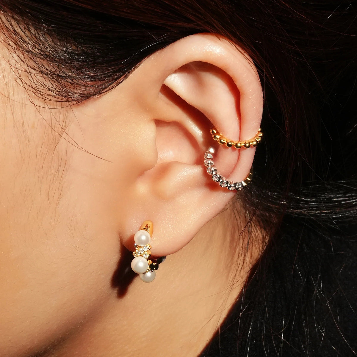 Gold Sparkling Braided Shell Pearl Huggie Hoop Earrings