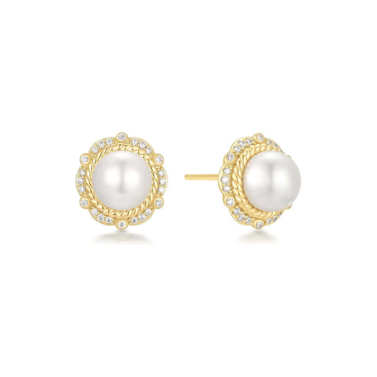 Gold Shell Pearl Bloom Stud Earrings