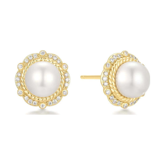Gold Shell Pearl Bloom Stud Earrings