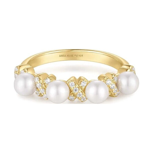 Gold Sparkling Braided Shell Pearl Ring, size 54