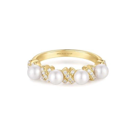 Gold Sparkling Braided Shell Pearl Ring, size 54