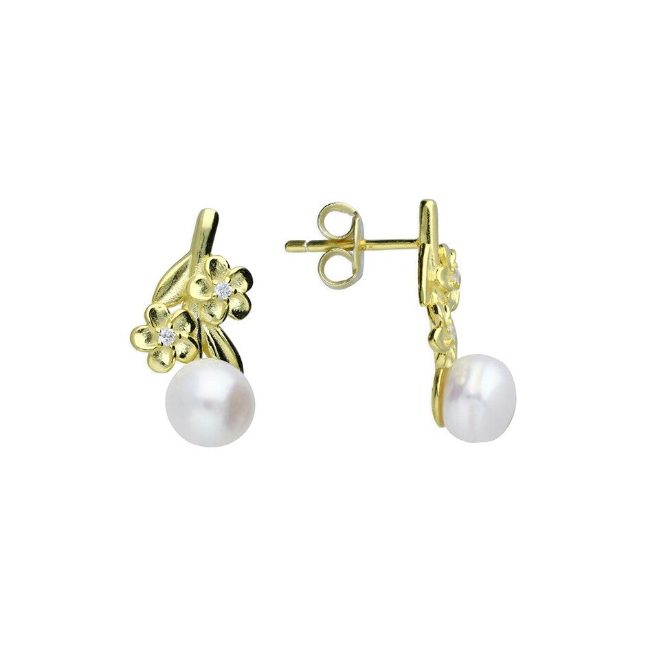 Sterling Silver Gold Plated Flower And Pearl Stud Earrings