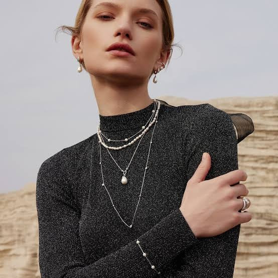 Silver Linked Shell Pearl Drop Pendant Necklace