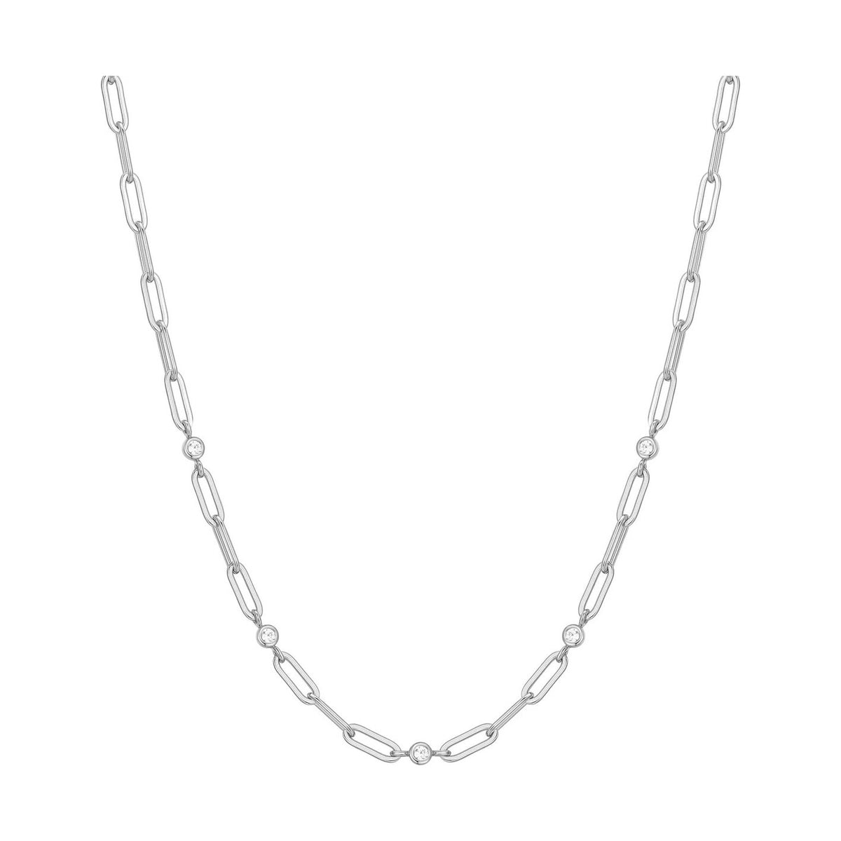 Silver Bezel Station Paper Clip Chain Necklace