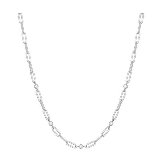 Silver Bezel Station Paper Clip Chain Necklace