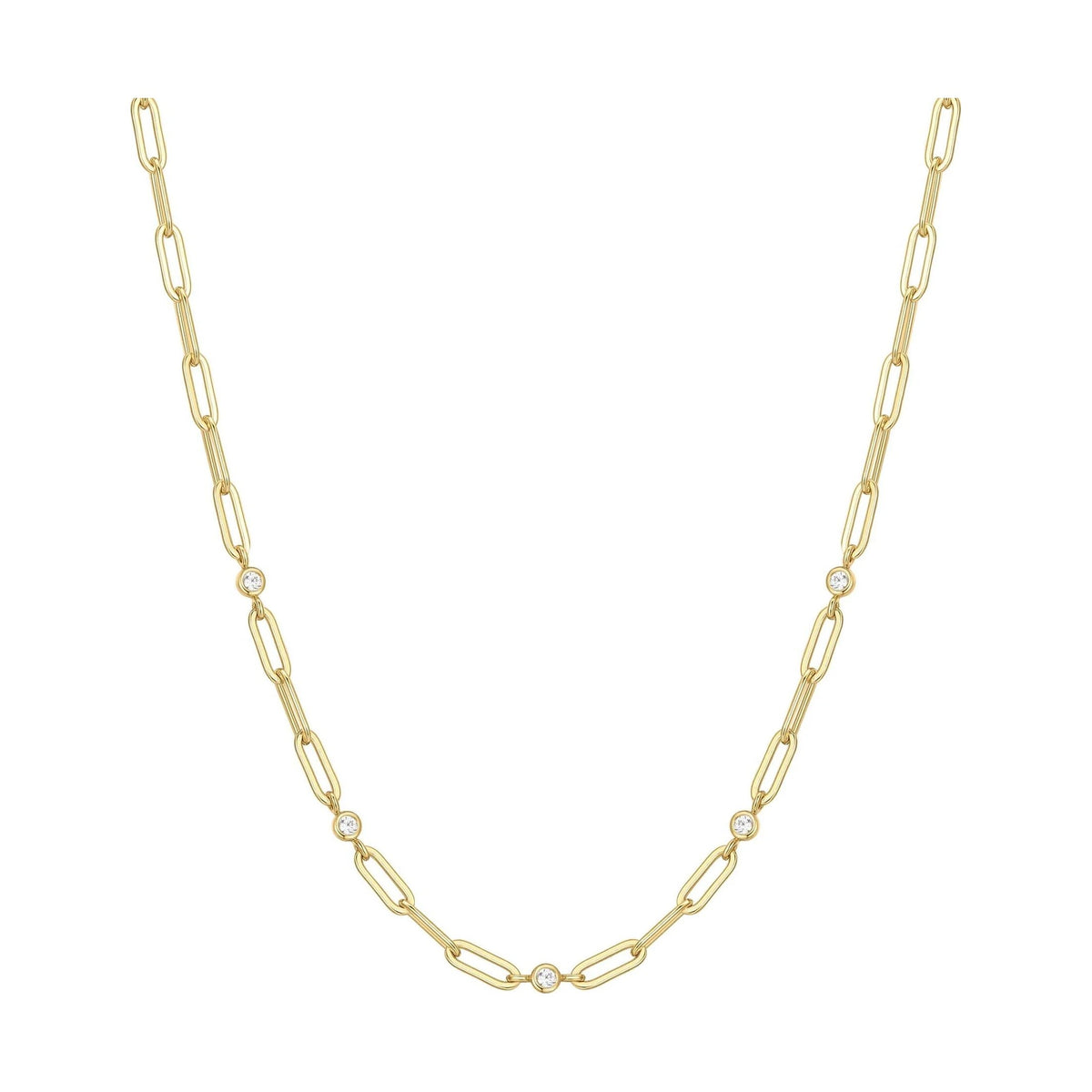 Gold Bezel Station Paper Clip Chain Necklace