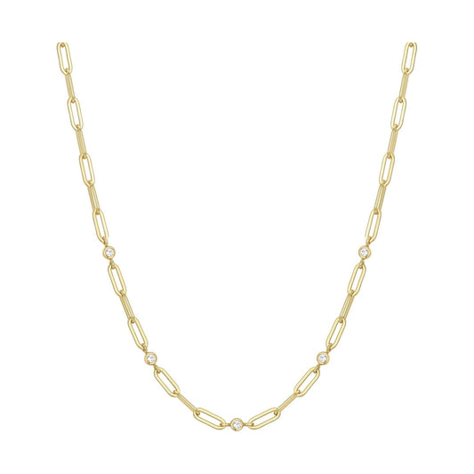 Gold Bezel Station Paper Clip Chain Necklace