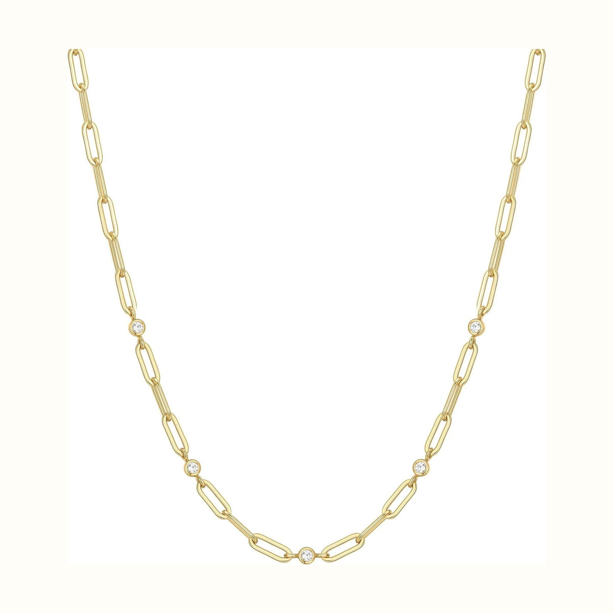 Gold Bezel Station Paper Clip Chain Necklace