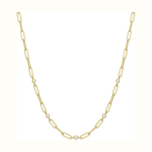 Gold Bezel Station Paper Clip Chain Necklace