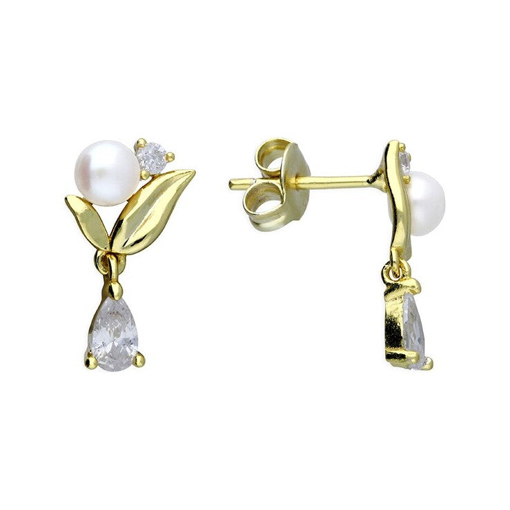 Sterling Silver Gold Plated Delicate Pearl And Cubic Zirconia Earrings