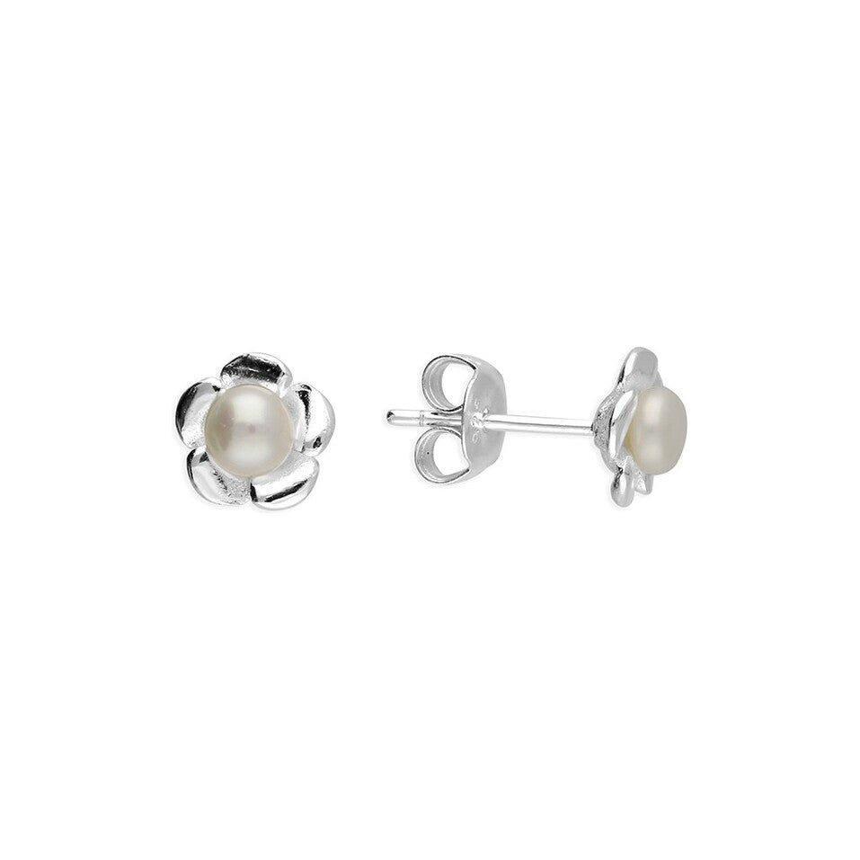Sterling Silver Freshwater Pearl Flower Stud Earrings