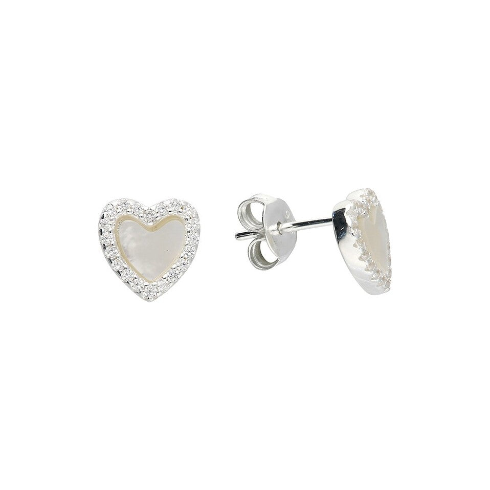 Sterling Silver Mother Of Pearl And Cubic Zirconia Heart Earrings