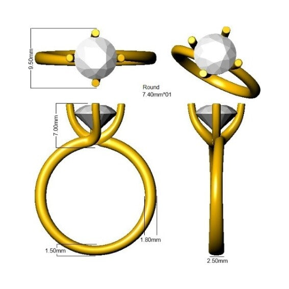 Ring in 9k Yellow Gold, 1 Round 1.50ct lab diamond