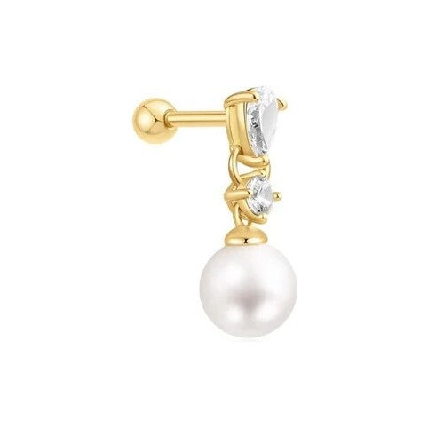 Gold Shell Pearl Dangling Barbell Single Earring
