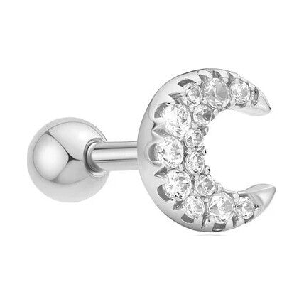 Silver Pavé Crescent Moon Barbell Single Earring