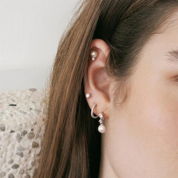 Silver Shell Pearl with Sparkling Accent Barbell Single Earring