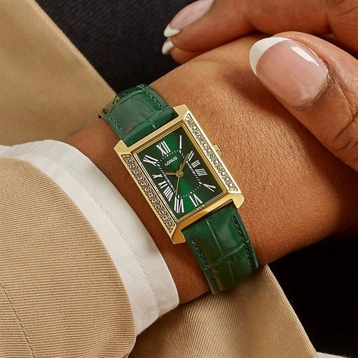 Lorus Gold Tone Green Leather Strap Watch