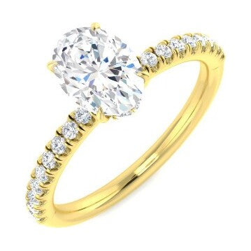 Ring in 9k Yellow Gold, 1 oval 1ct lab Diamond, 26 Lab Diamonds on shoulders