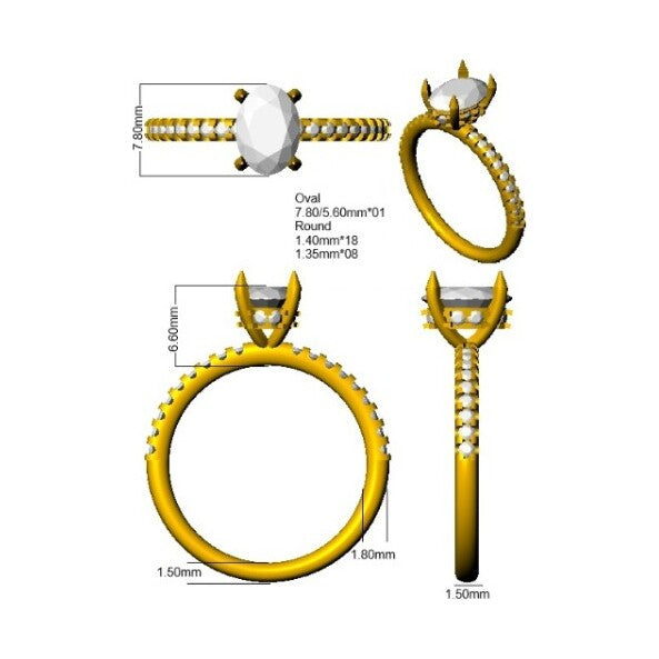 Ring in 9k Yellow Gold, 1 oval 1ct lab Diamond, 26 Lab Diamonds on shoulders