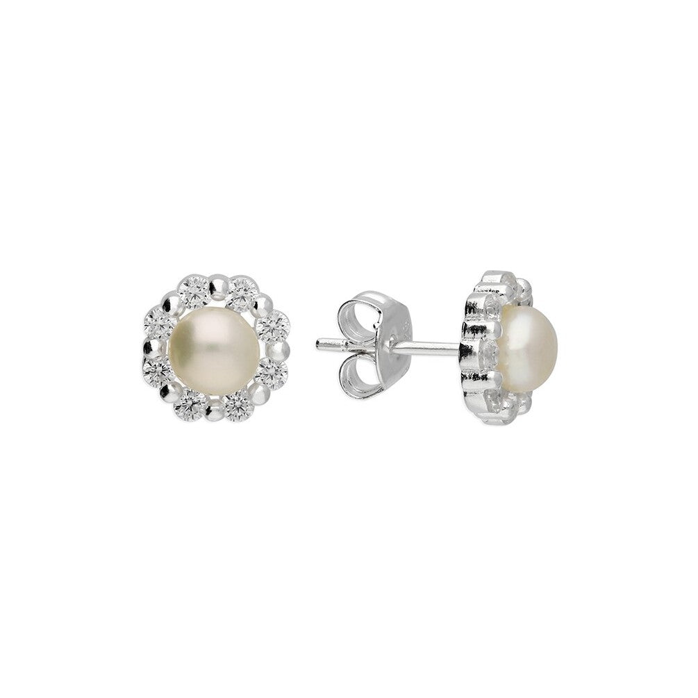 Sterling Silver Pearl Halo Stud Earrings