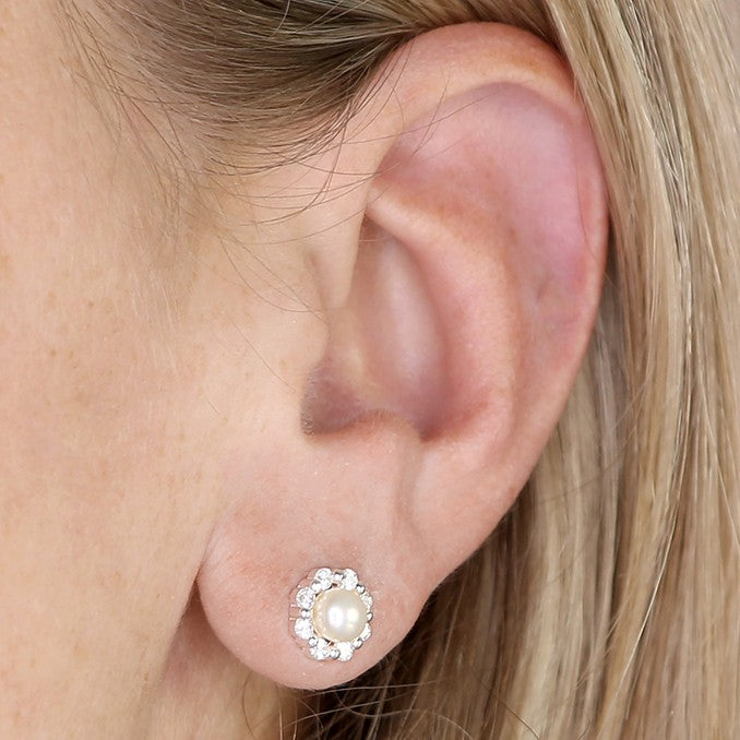 Sterling Silver Pearl Halo Stud Earrings