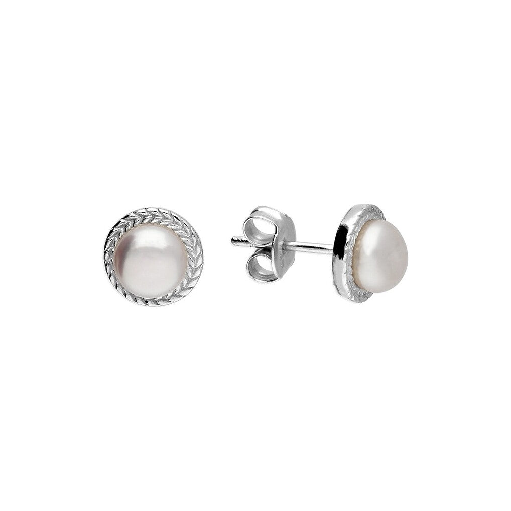 Sterling Silver Rope Edged Pearl Stud Earrings