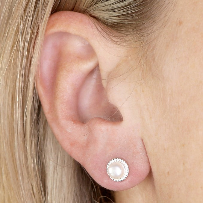 Sterling Silver Rope Edged Pearl Stud Earrings