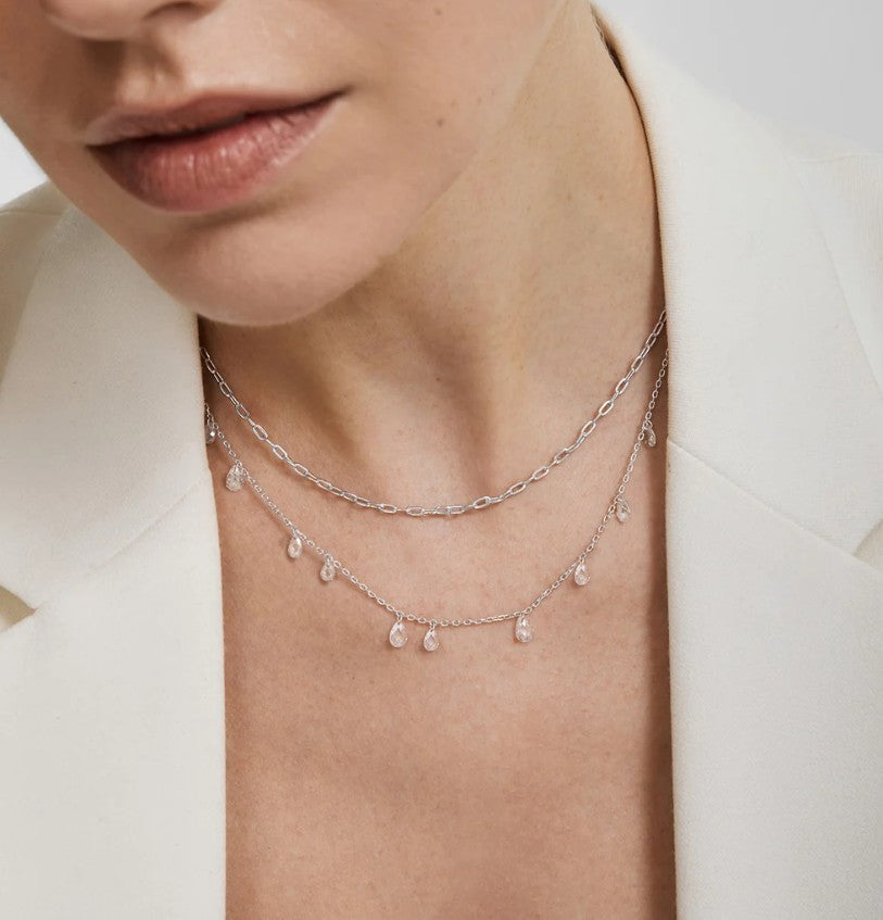 Silver Ethereal Teardrop Dangle Station Necklace