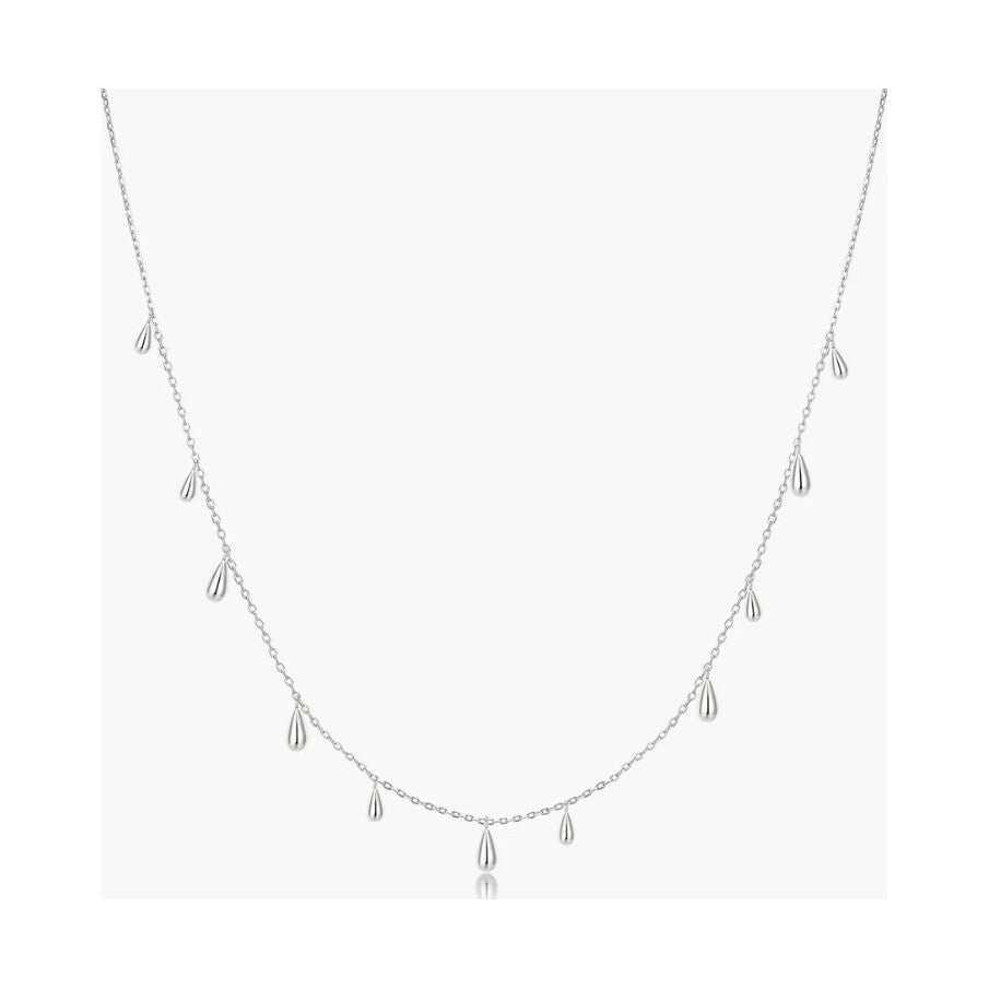 Silver Polished Teardrop Dangle Station Necklace