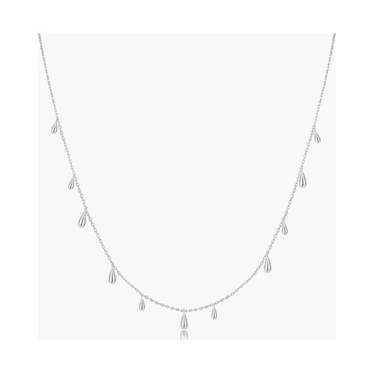 Silver Polished Teardrop Dangle Station Necklace