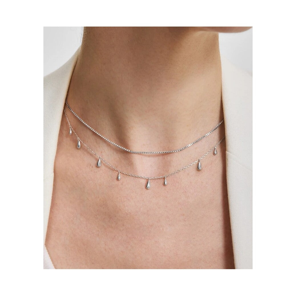 Silver Polished Teardrop Dangle Station Necklace