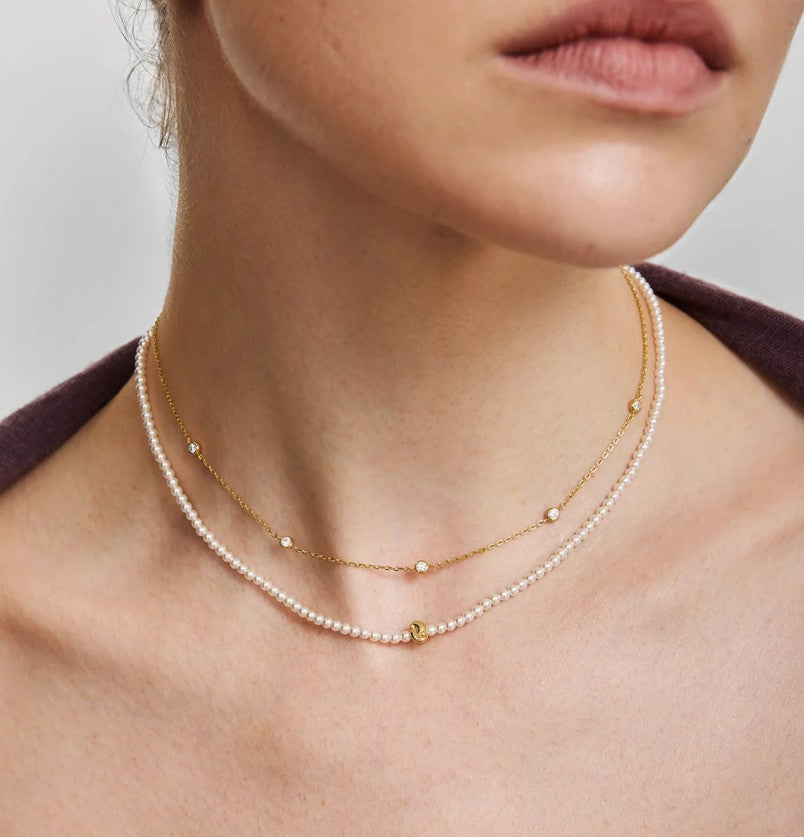 Gold Twist & Glass Pearl Beaded Necklace