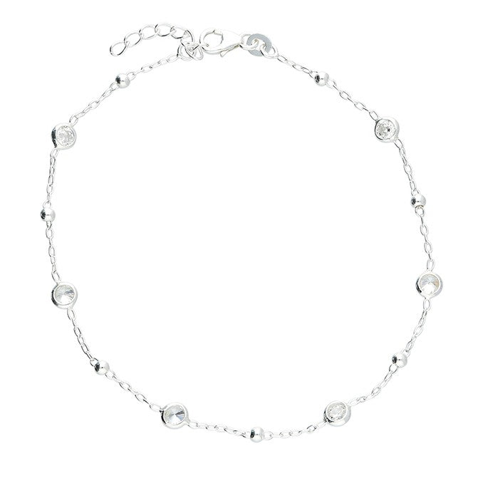 Sterling Silver Cubic Zirconia And Bead Anklet