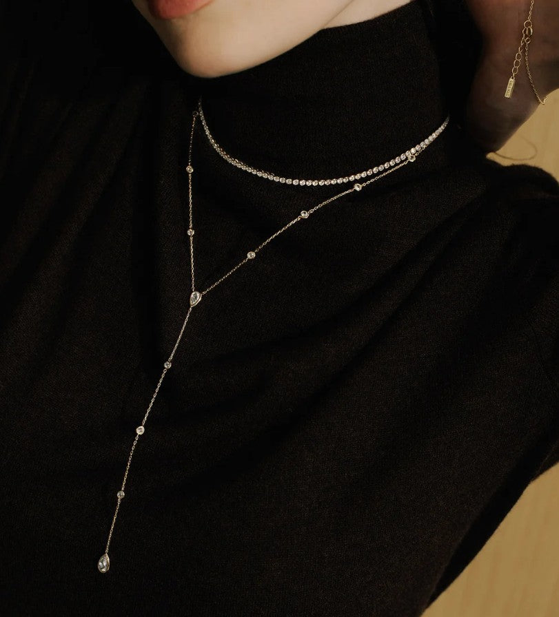 Gold Round & Teardrop Bezel Station Y Necklace