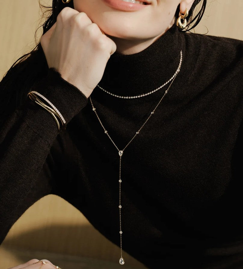 Gold Round & Teardrop Bezel Station Y Necklace