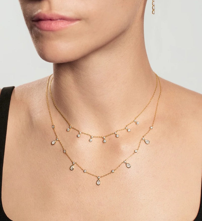 Gold Graduated Bezel Round Drop Station Necklace
