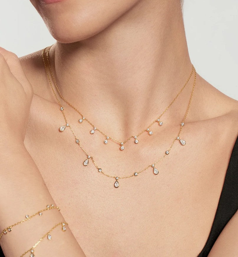 Gold Graduated Bezel Round Drop Station Necklace